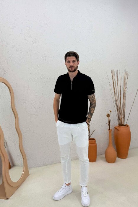 ONE COLOR ZIPPER NECK MEN T-SHIRT BLACK/ E ZEZE - 3