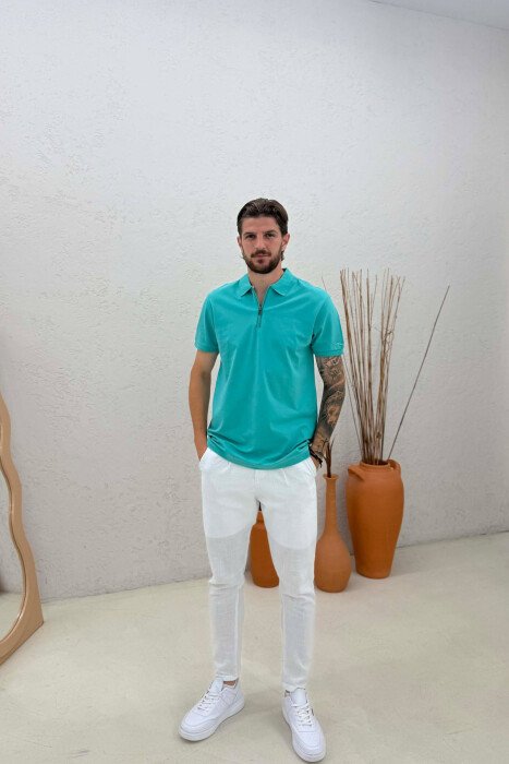 ONE COLOR ZIPPER NECK MEN T-SHIRT BLUE STONE/GK - 3