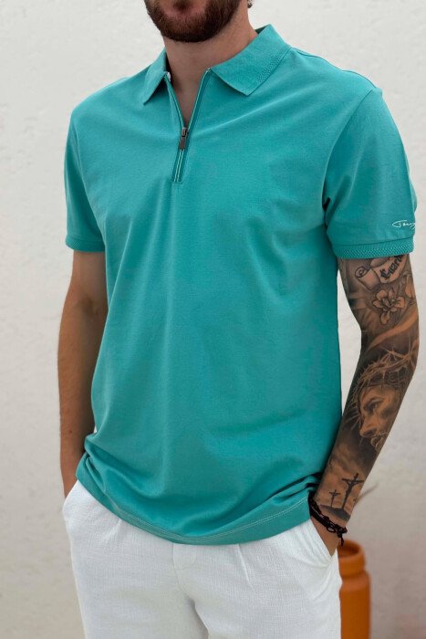 ONE COLOR ZIPPER NECK MEN T-SHIRT BLUE STONE/GK - 4