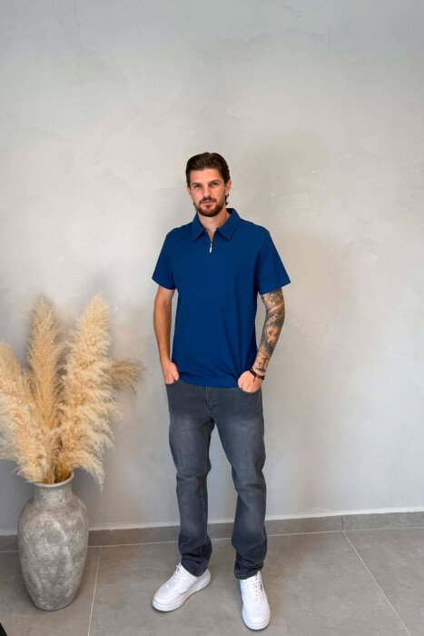 ONE COLOR ZIPPER NECK MEN T-SHIRT BLUE/BLU - 3