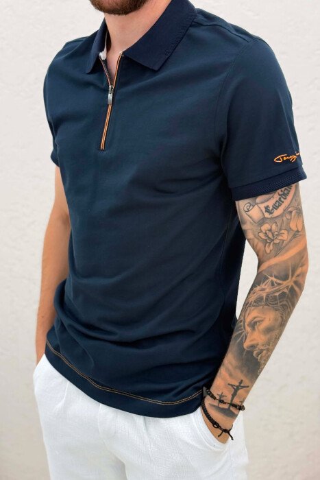 ONE COLOR ZIPPER NECK MEN T-SHIRT BLUE/BLU - 4