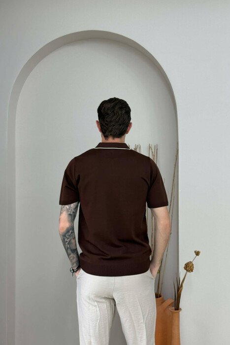 ONE COLOR ZIPPER NECK MEN T-SHIRT BROWN/KAFE - 3