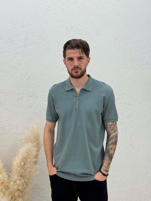ONE COLOR ZIPPER NECK MEN T-SHIRT DARK GREY/GEE - KLAUDIO FASHION