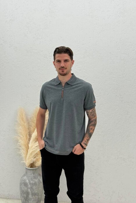 ONE COLOR ZIPPER NECK MEN T-SHIRT DARK GREY/GEE 