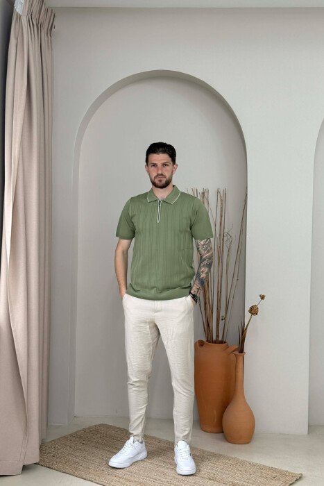 ONE COLOR ZIPPER NECK MEN T-SHIRT GREEN/JESHILE - 3