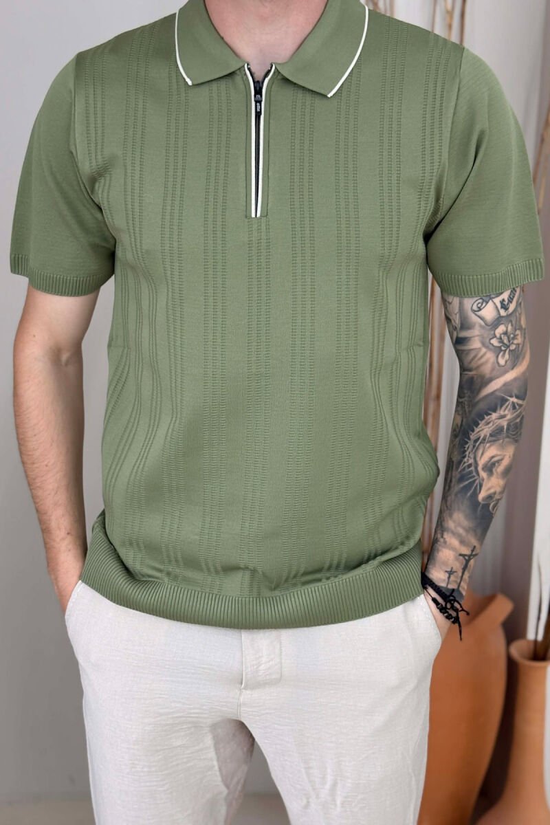 ONE COLOR ZIPPER NECK MEN T-SHIRT GREEN/JESHILE - 4