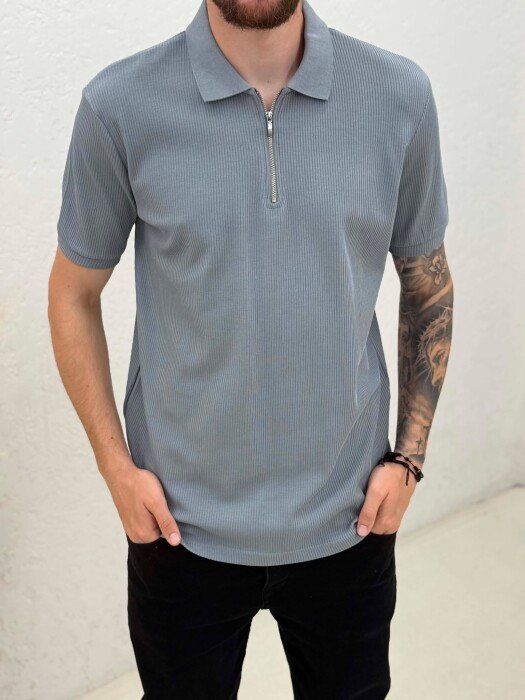 ONE COLOR ZIPPER NECK MEN T-SHIRT GREY/GRI - 4
