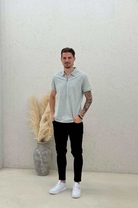 ONE COLOR ZIPPER NECK MEN T-SHIRT GREY/GRI - 2