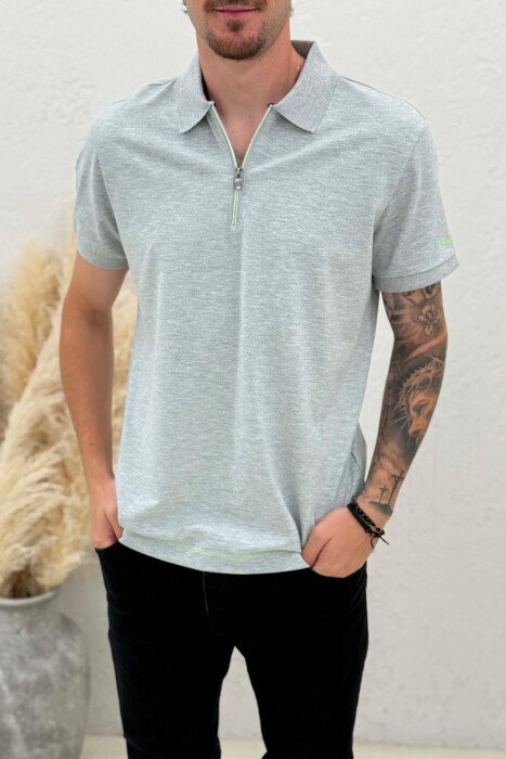 ONE COLOR ZIPPER NECK MEN T-SHIRT GREY/GRI - 4
