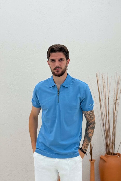 ONE COLOR ZIPPER NECK MEN T-SHIRT LIGHTBLUE/BZ 