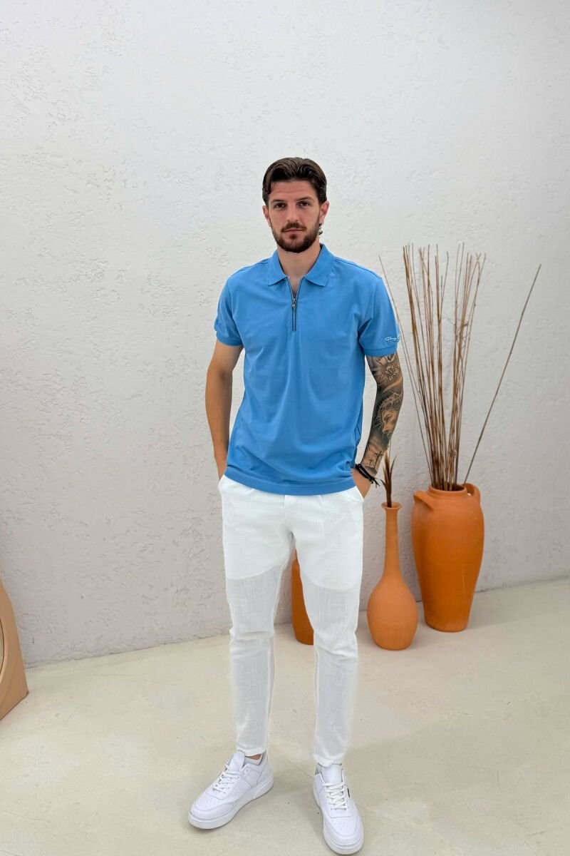 ONE COLOR ZIPPER NECK MEN T-SHIRT LIGHTBLUE/BZ - 3