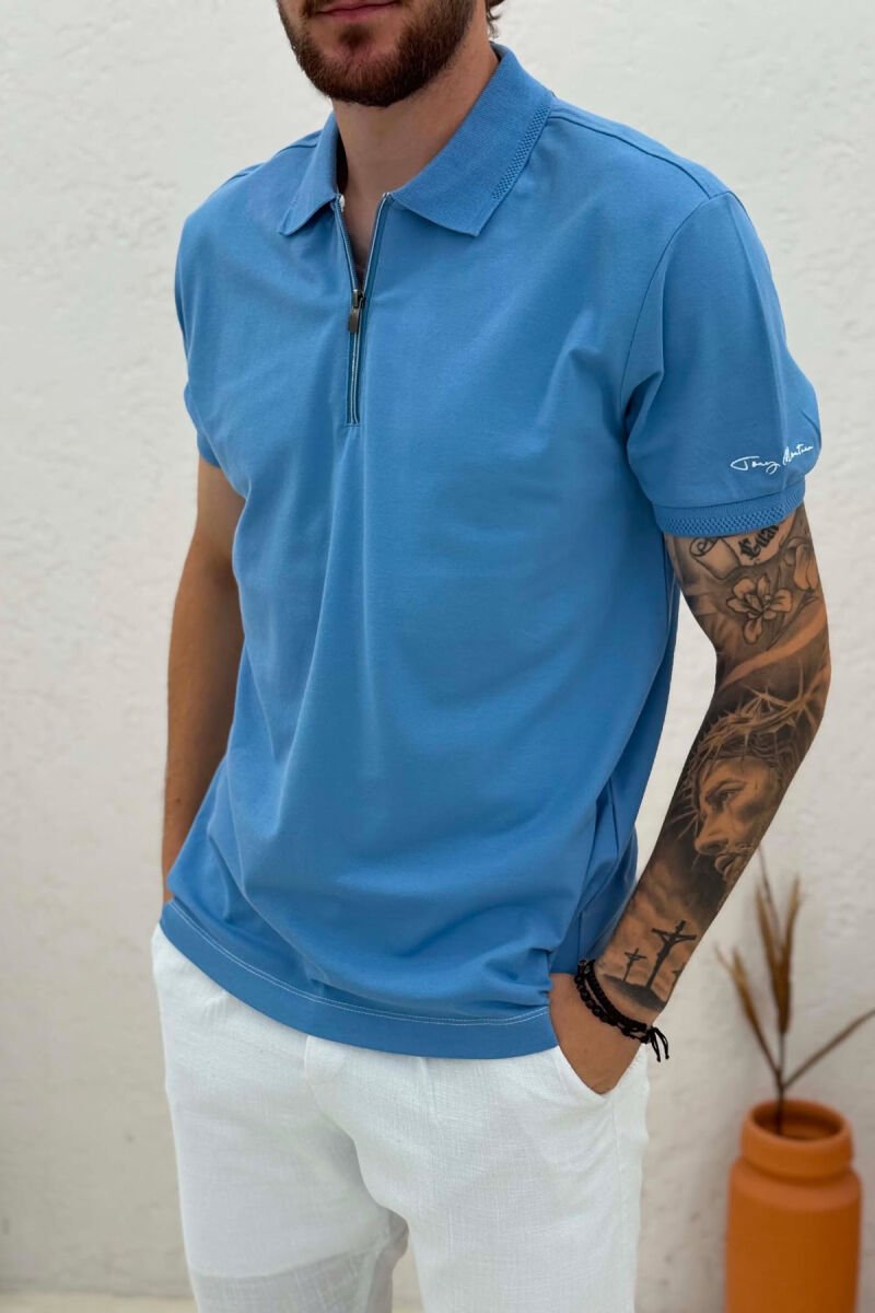 ONE COLOR ZIPPER NECK MEN T-SHIRT LIGHTBLUE/BZ - 4