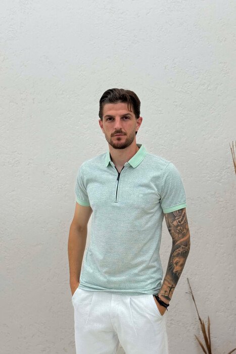 ONE COLOR ZIPPER NECK MEN T-SHIRT MINT/MENTE - KLAUDIO FASHION