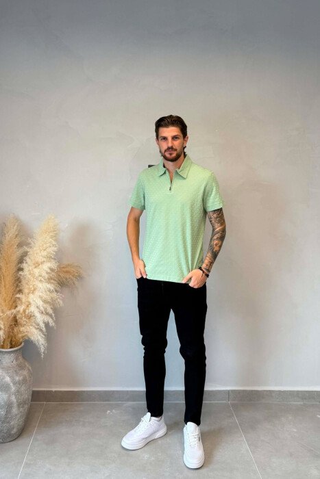 ONE COLOR ZIPPER NECK MEN T-SHIRT MINT/MENTE - 3
