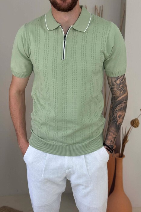 ONE COLOR ZIPPER NECK MEN T-SHIRT MINT/MENTE - 2