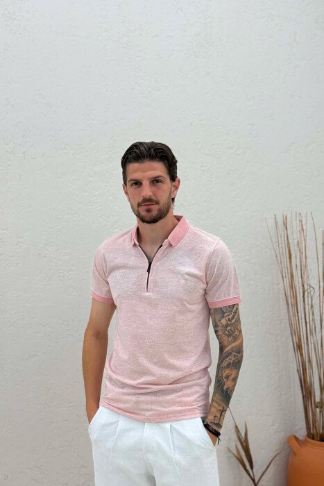 ONE COLOR ZIPPER NECK MEN T-SHIRT POWDER/PUDER - 1