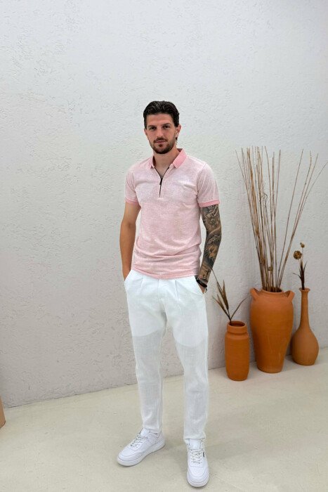 ONE COLOR ZIPPER NECK MEN T-SHIRT POWDER/PUDER - 3