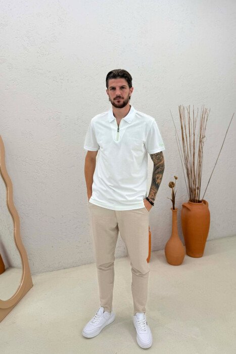 ONE COLOR ZIPPER NECK MEN T-SHIRT WHITE-E BARDHE - 3