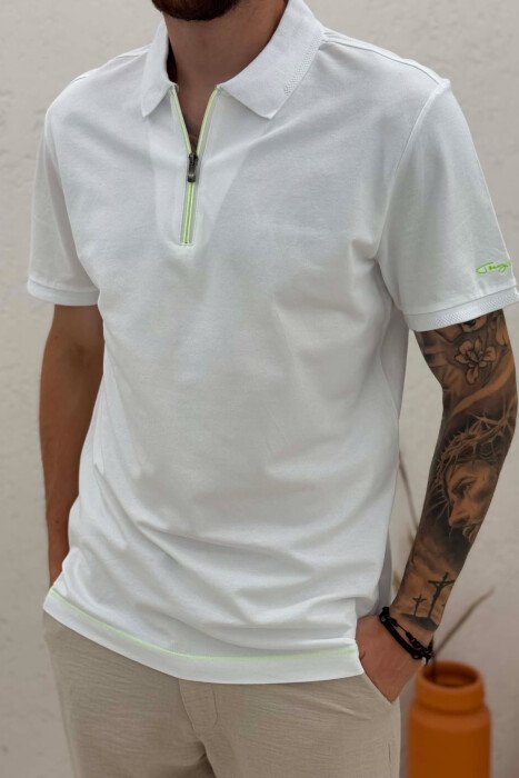 ONE COLOR ZIPPER NECK MEN T-SHIRT WHITE-E BARDHE - 4