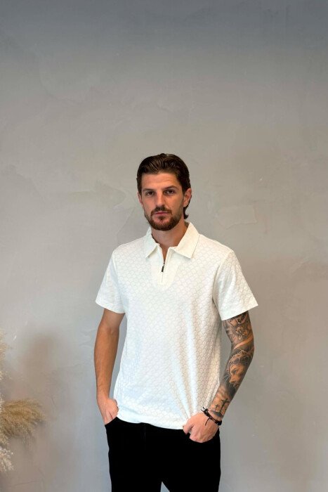 ONE COLOR ZIPPER NECK MEN T-SHIRT WHITE-E BARDHE - KLAUDIO FASHION
