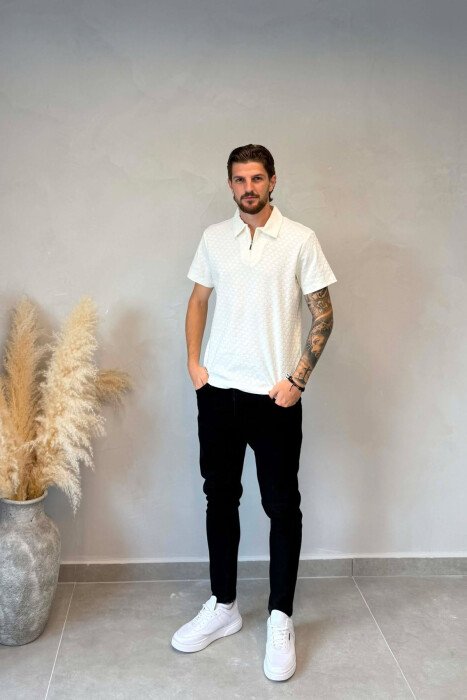 ONE COLOR ZIPPER NECK MEN T-SHIRT WHITE-E BARDHE - 3