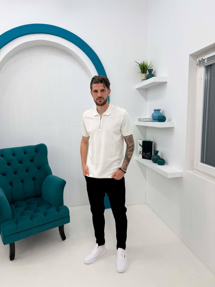 ONE COLOR ZIPPER NECK MEN T-SHIRT WHITE-E BARDHE - 3