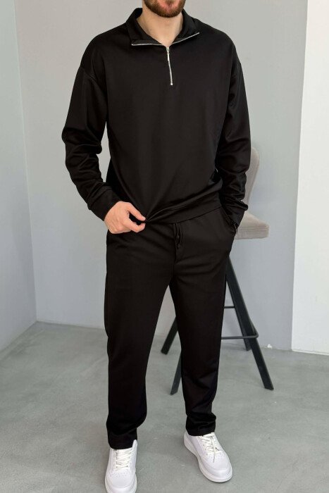 ONE COLOR ZIPPER NECK SWEATSHIRT + SWEATPANTS MEN SET BLACK/ E ZEZE - 3