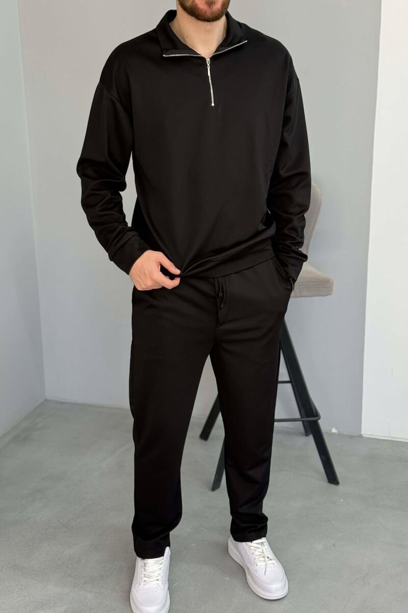 ONE COLOR ZIPPER NECK SWEATSHIRT + SWEATPANTS MEN SET BLACK/ E ZEZE - 3
