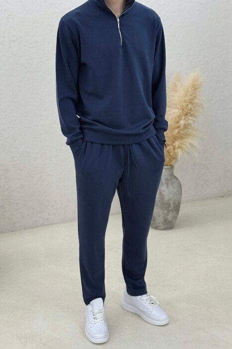 ONE COLOR ZIPPER NECK SWEATSHIRT+ SWEATPANTS MEN SET BLUE/BLU - 3