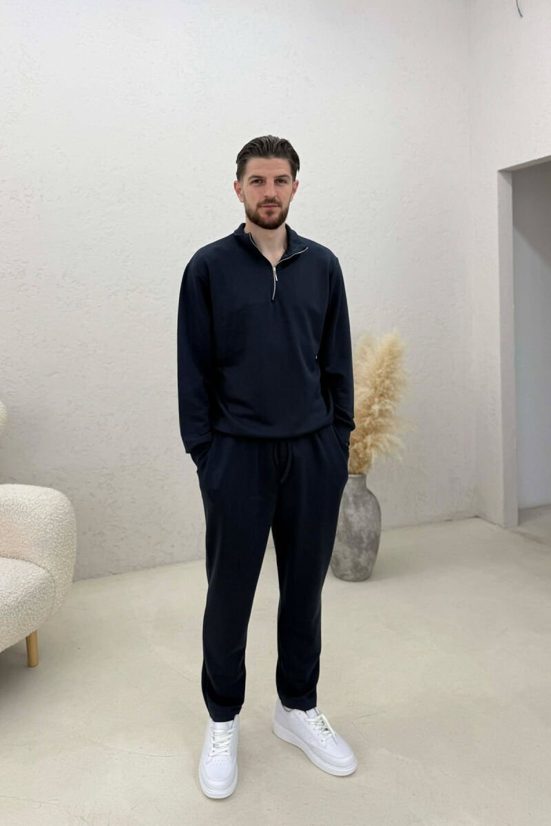 ONE COLOR ZIPPER NECK SWEATSHIRT+ SWEATPANTS MEN SET DARK BLUE/BEE - 1