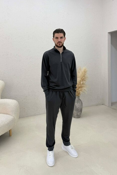 ONE COLOR ZIPPER NECK SWEATSHIRT+ SWEATPANTS MEN SET DARK GREY/GEE 