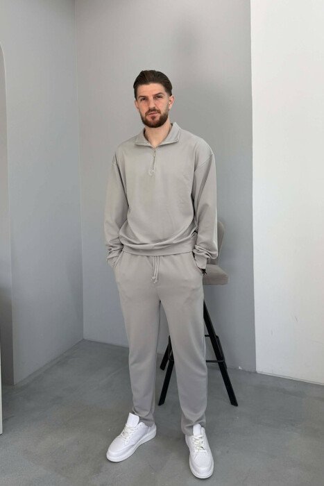 ONE COLOR ZIPPER NECK SWEATSHIRT + SWEATPANTS MEN SET GREY/GRI - 1