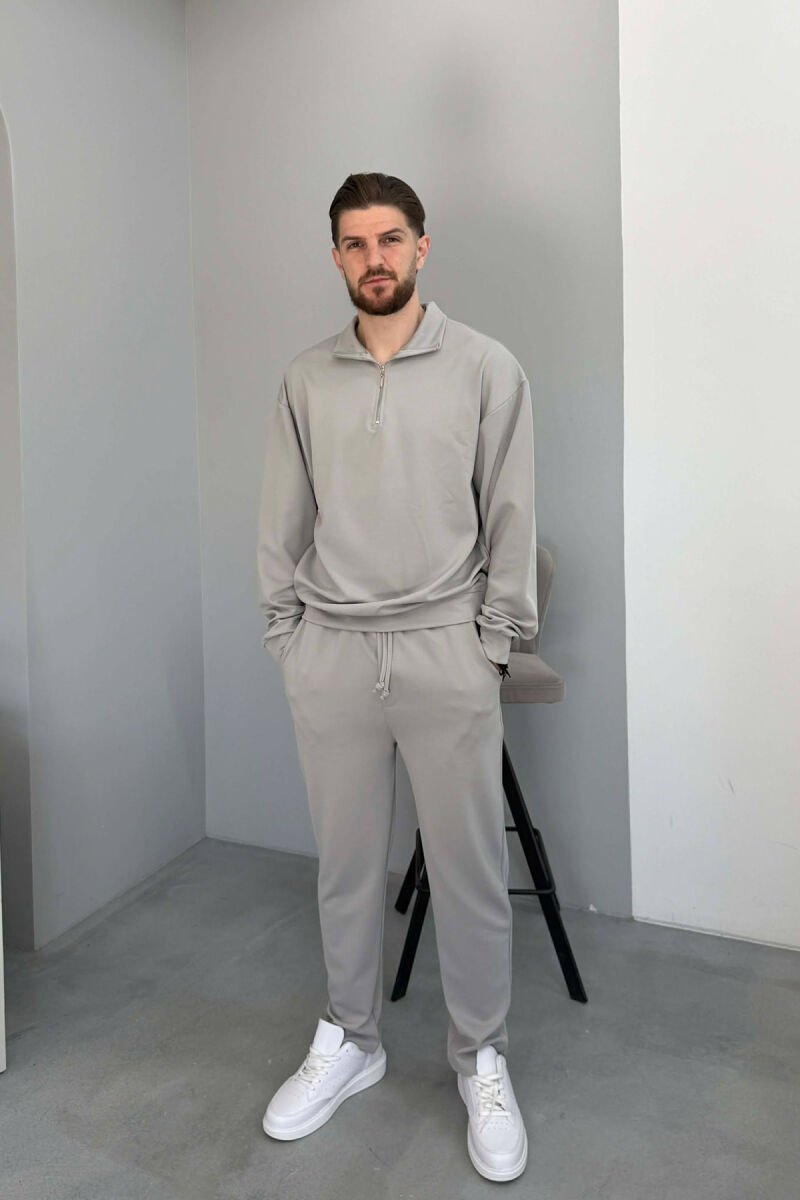 ONE COLOR ZIPPER NECK SWEATSHIRT + SWEATPANTS MEN SET GREY/GRI - 1