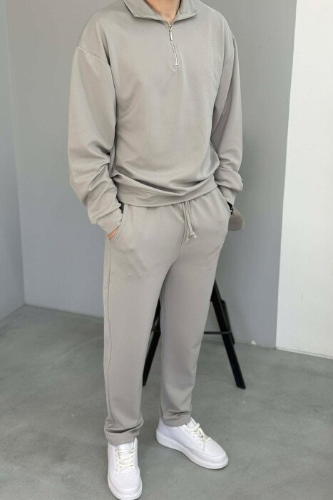 ONE COLOR ZIPPER NECK SWEATSHIRT + SWEATPANTS MEN SET GREY/GRI - 2
