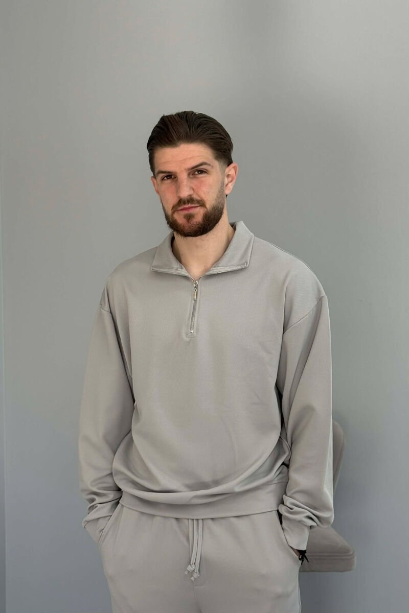 ONE COLOR ZIPPER NECK SWEATSHIRT + SWEATPANTS MEN SET GREY/GRI - 3