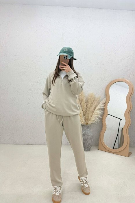 ONE COLOR ZIPPER NECK SWEATSHIRT+ SWEATPANTS WOMEN SET BEIGE/BEZHE - 1