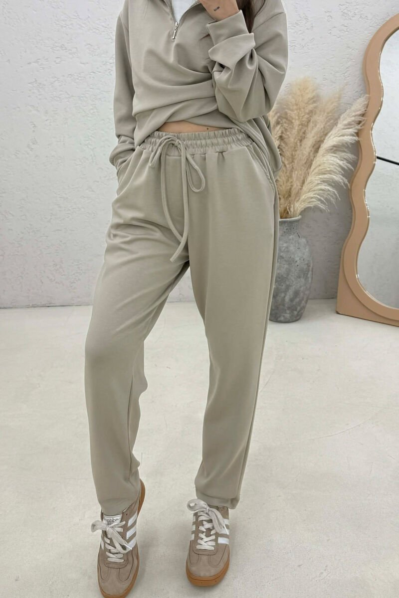 ONE COLOR ZIPPER NECK SWEATSHIRT+ SWEATPANTS WOMEN SET BEIGE/BEZHE - 2