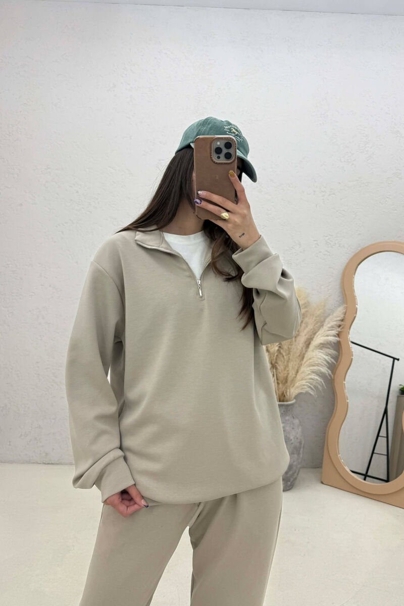 ONE COLOR ZIPPER NECK SWEATSHIRT+ SWEATPANTS WOMEN SET BEIGE/BEZHE - 3