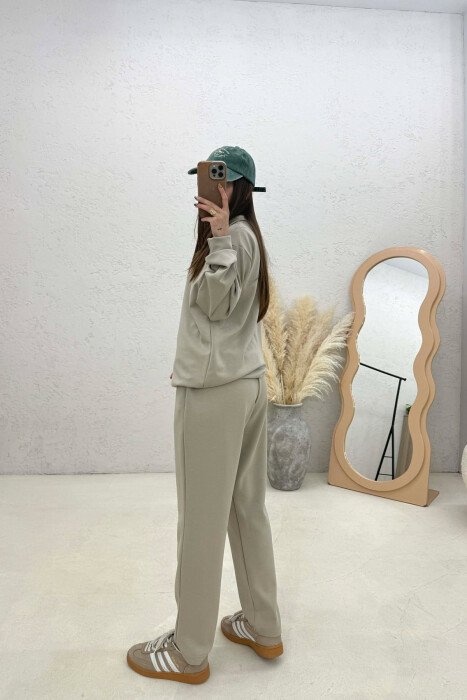 ONE COLOR ZIPPER NECK SWEATSHIRT+ SWEATPANTS WOMEN SET BEIGE/BEZHE - 4