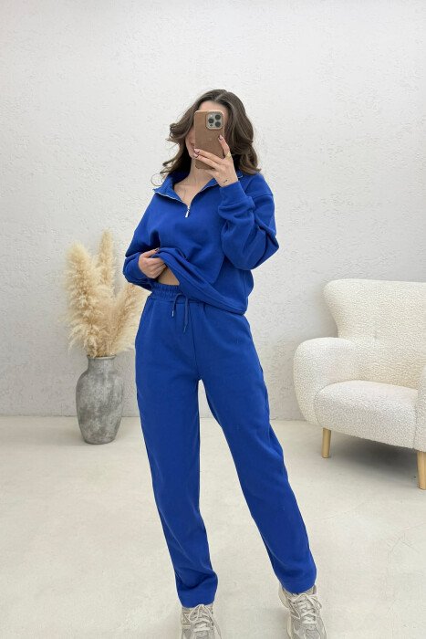 ONE COLOR ZIPPER NECK SWEATSHIRT+ SWEATPANTS WOMEN SET BLUE/BLU 
