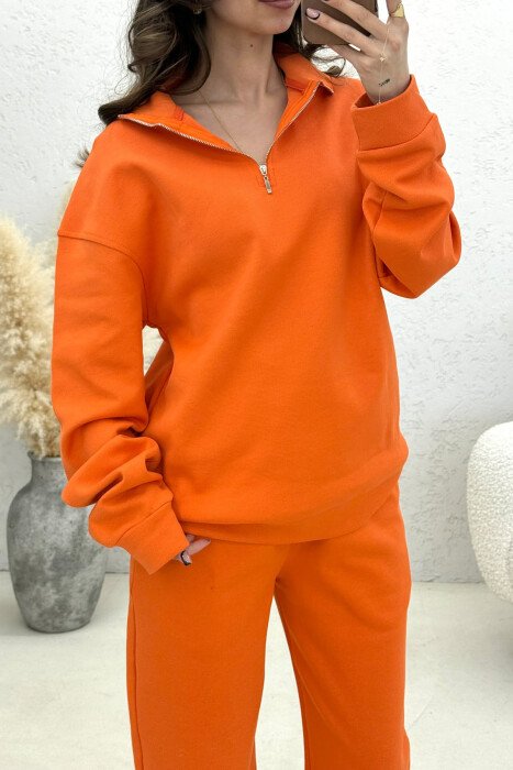 ONE COLOR ZIPPER NECK SWEATSHIRT+ SWEATPANTS WOMEN SET ORANGE/PORTOKALLI - 2