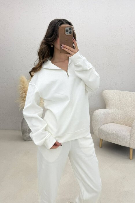 ONE COLOR ZIPPER NECK SWEATSHIRT+ SWEATPANTS WOMEN SET WHITE-E BARDHE - 2