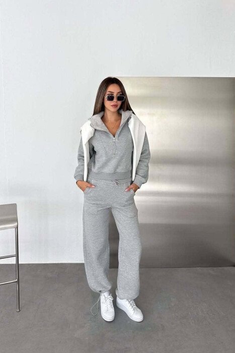 ONE COLOR ZIPPER NECK SWEATSHIRT+SWEATPANTS FLUFFY WOMAN SET GREY/GRI - KLAUDIO FASHION