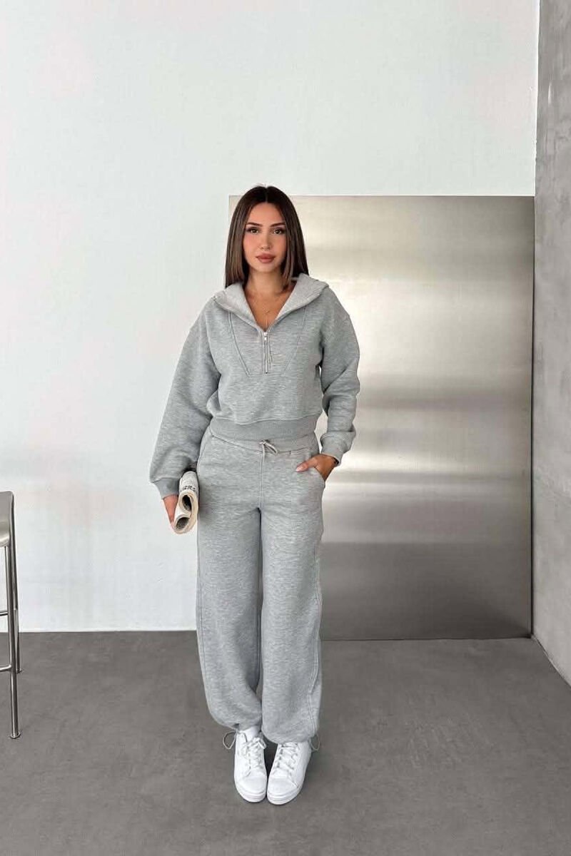ONE COLOR ZIPPER NECK SWEATSHIRT+SWEATPANTS FLUFFY WOMAN SET GREY/GRI - 2