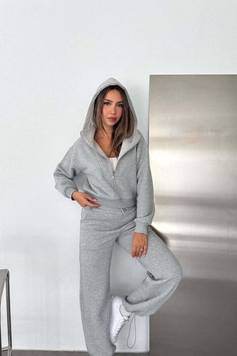 ONE COLOR ZIPPER NECK SWEATSHIRT+SWEATPANTS FLUFFY WOMAN SET GREY/GRI - 3