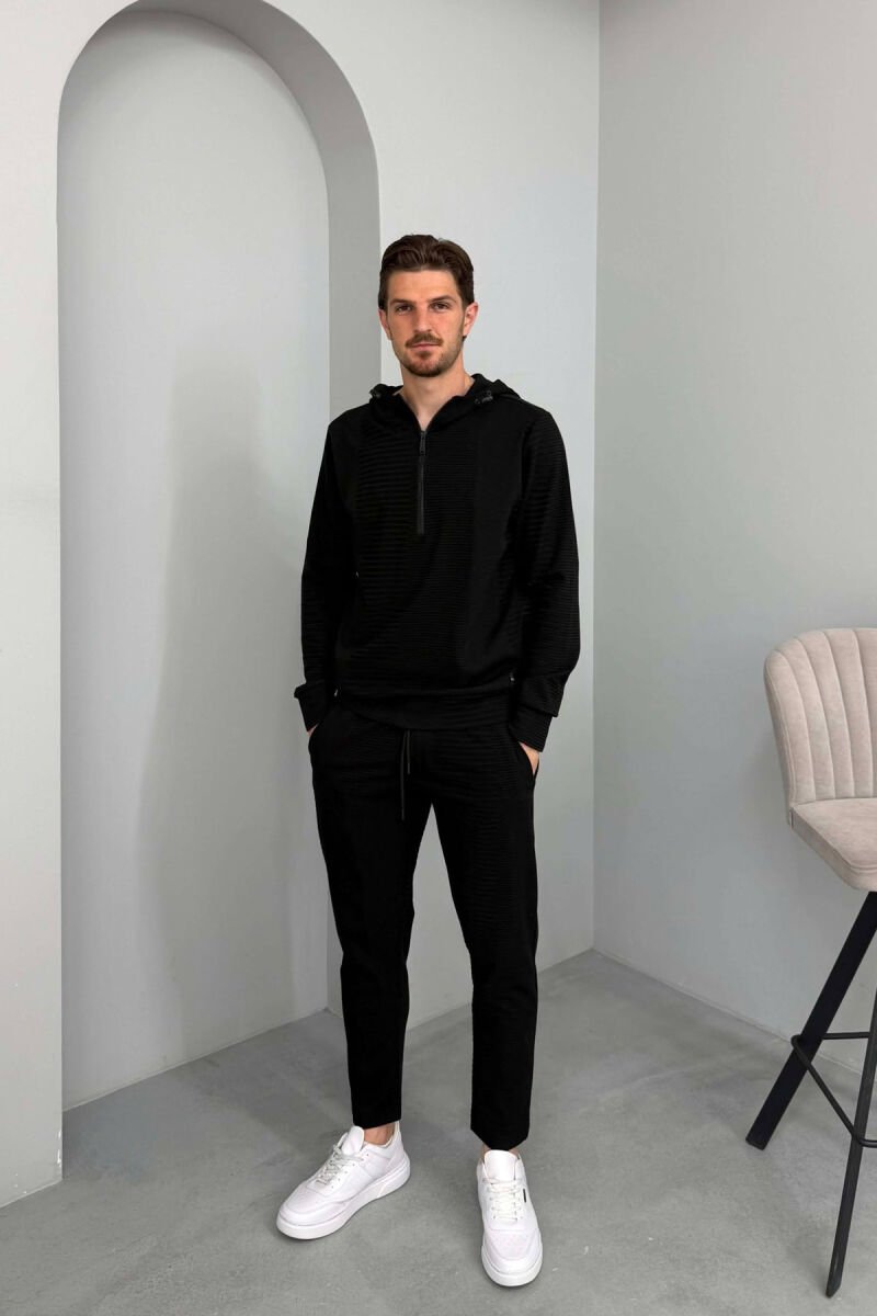 ONE COLOR ZIPPER NECK SWEATSHIRT+SWEATPANTS MEN SET BLACK/ E ZEZE - 1