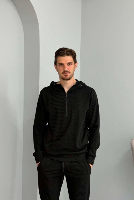 ONE COLOR ZIPPER NECK SWEATSHIRT+SWEATPANTS MEN SET BLACK/ E ZEZE - 3