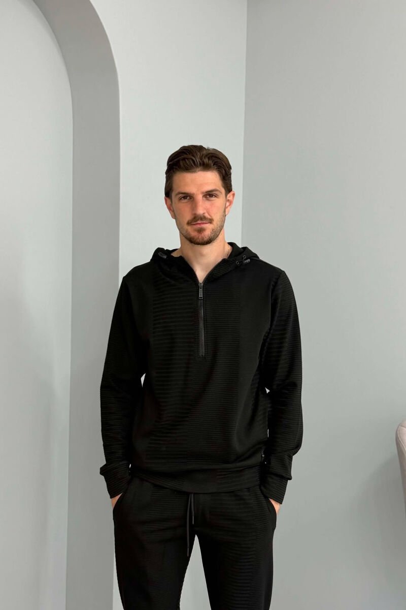 ONE COLOR ZIPPER NECK SWEATSHIRT+SWEATPANTS MEN SET BLACK/ E ZEZE - 3