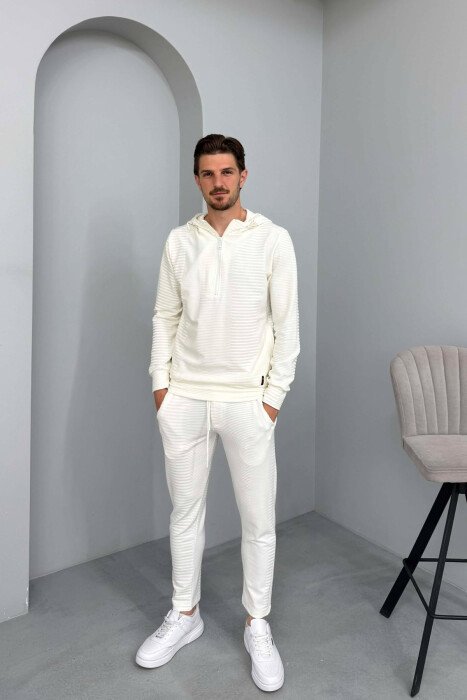 ONE COLOR ZIPPER NECK SWEATSHIRT+SWEATPANTS MEN SET WHITE-E BARDHE - KLAUDIO FASHION