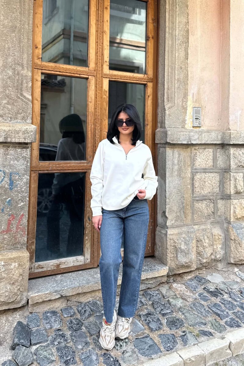 ONE COLOR ZIPPER NECK WOMAN SWEATSHIRT WHITE-E BARDHE - 3